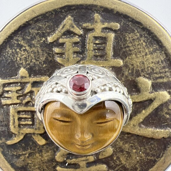 Sajen Sterling Silver Pendant Bronze Coin Face Tigers Eye Carved Script VTG Sign - Picture 4 of 10